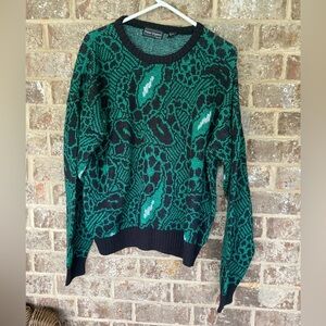 Peter England Vintage Green Black White Paisley Sweater Size XL